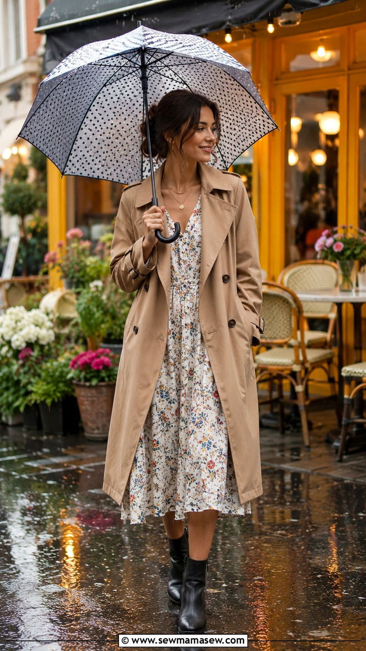 Floral Midi Dress with Trench Coat and Ankle Boots - 25 rainy day outfits aesthetic