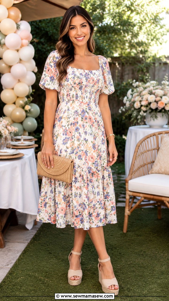 Floral Midi Dress with Wedge Sandals - 25 Baby shower outfit ideas hostess