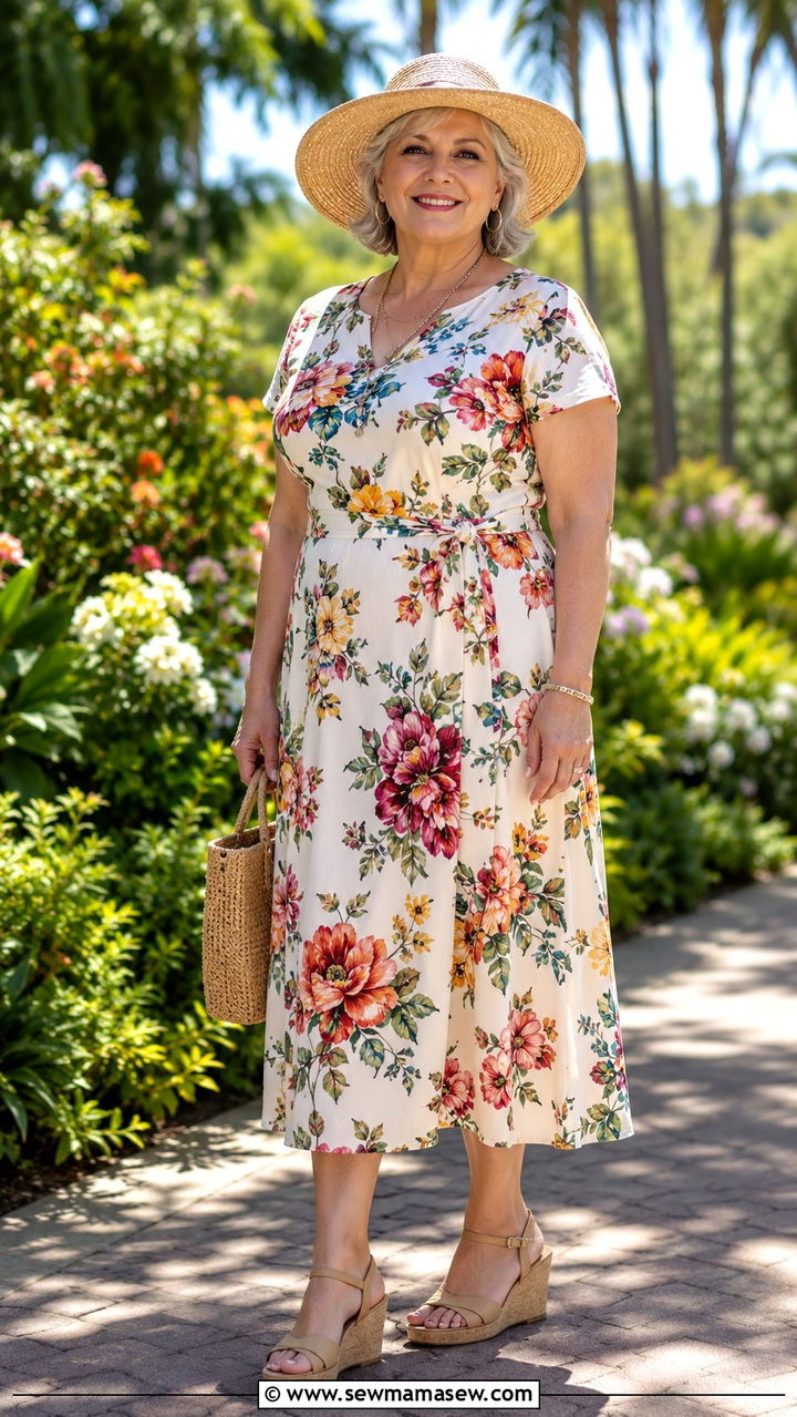 Floral Midi Dress with Wedge Sandals - 25 Plus size outfits for women over 60