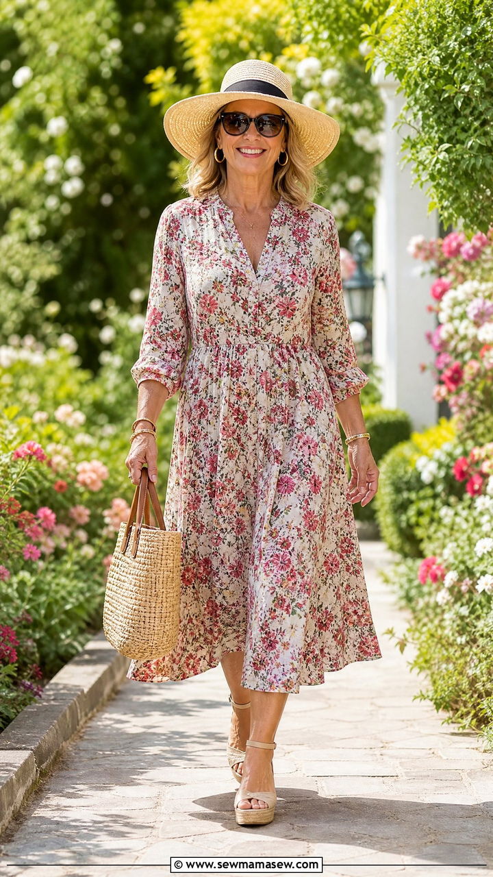 Floral Midi Dress with Wedge Sandals Over 50 - 30 Chic outfit ideas for women over 50