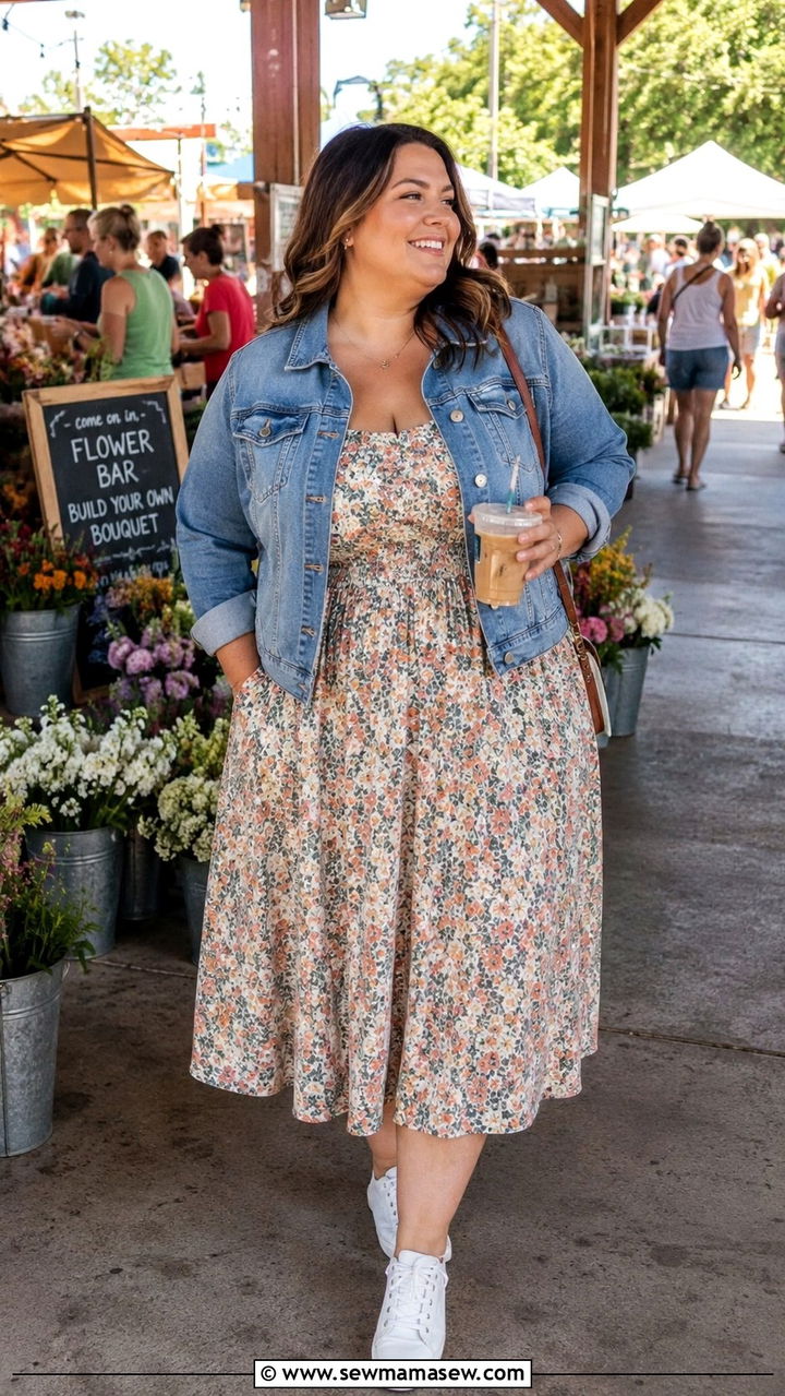 Floral Midi Dress with White Sneakers - 30 Plus size brunch outfits