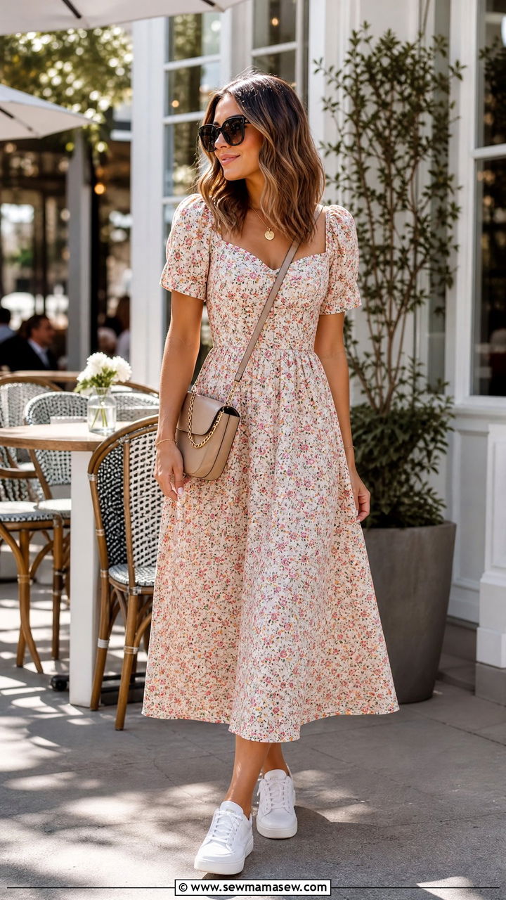 Floral Midi Dress with White Sneakers - 25 Brunch outfit ideas with a midi dress