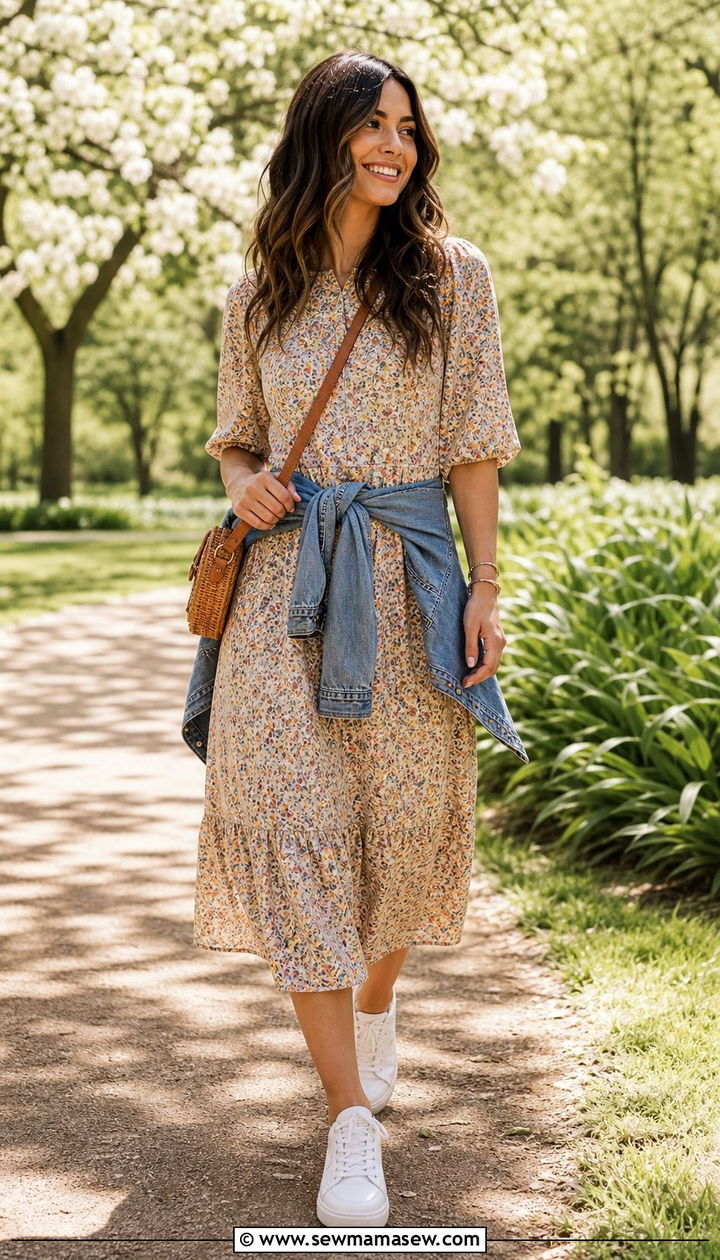 Floral Midi Dress with White Sneakers Outfit - 25 Cute outfits for women in their 20s
