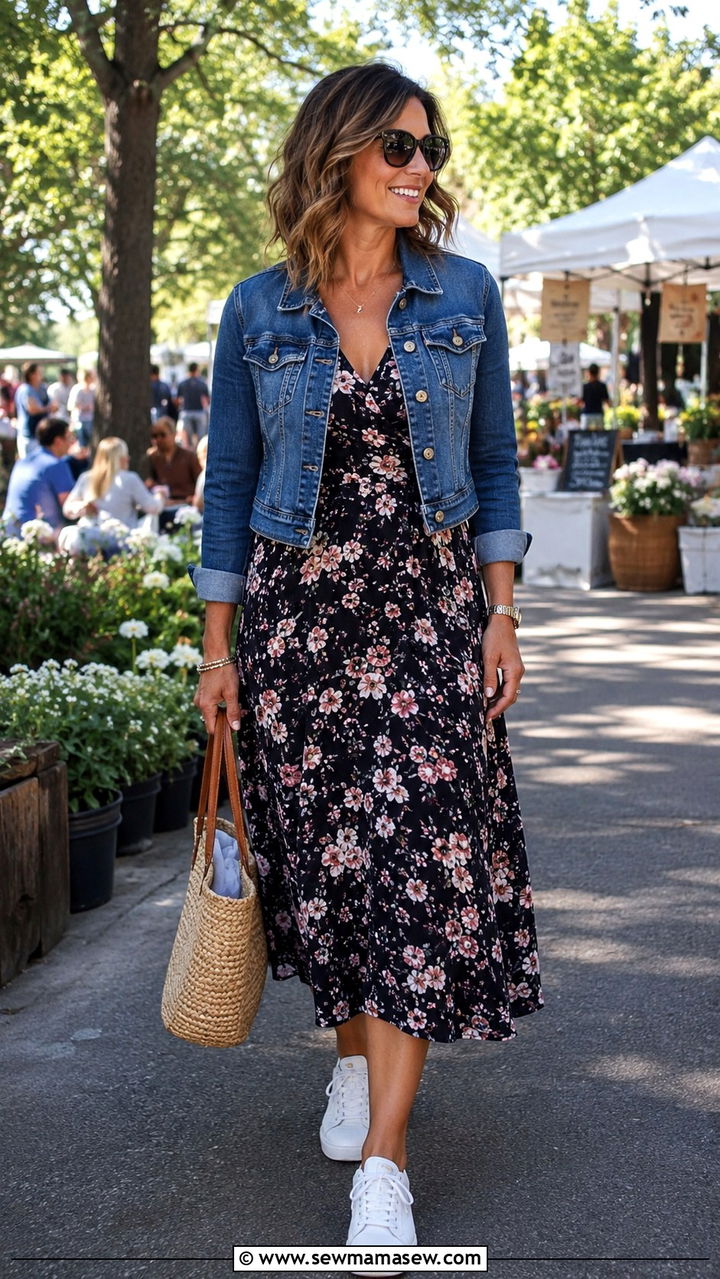 Floral Midi Dress with a Denim Jacket - 30 Sophisticated outfit ideas for women over 40