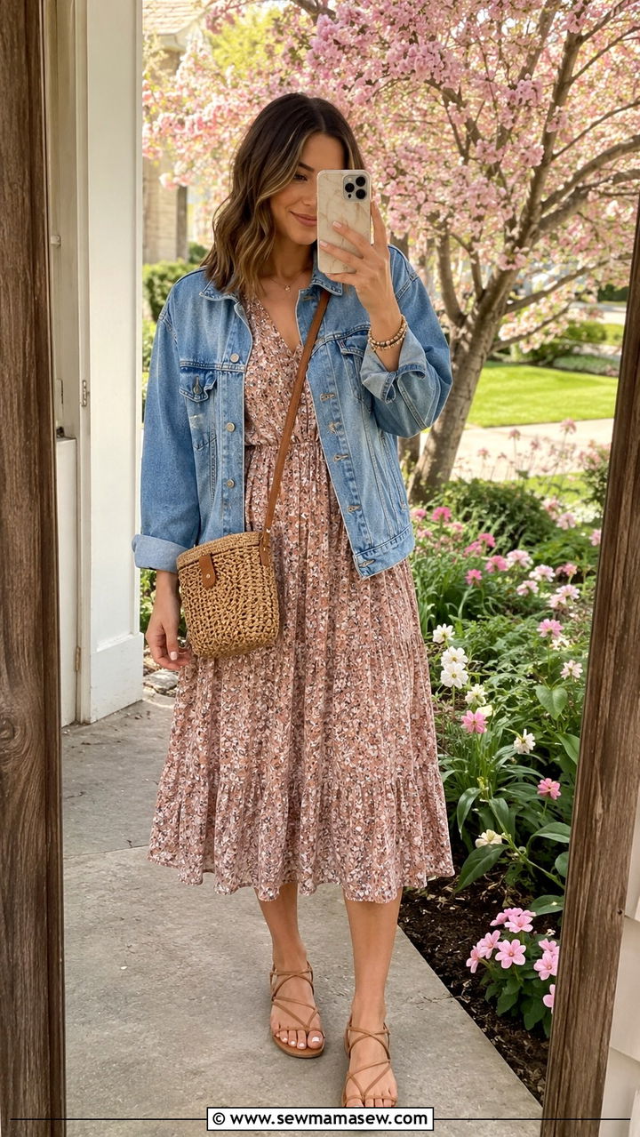 Floral Midi Dress with a Denim Jacket - 30 spring outfits 2026 women classy