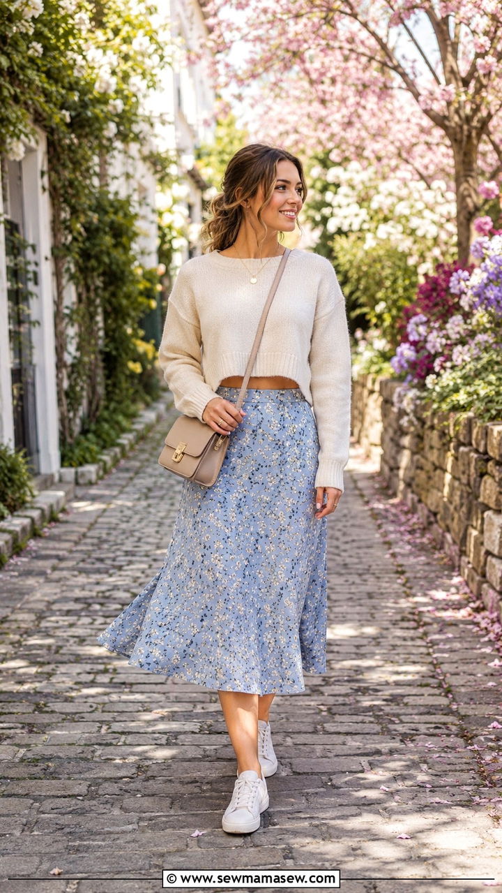 Floral Midi Skirt And Sweater Outfit - 25 April outfit ideas 2026