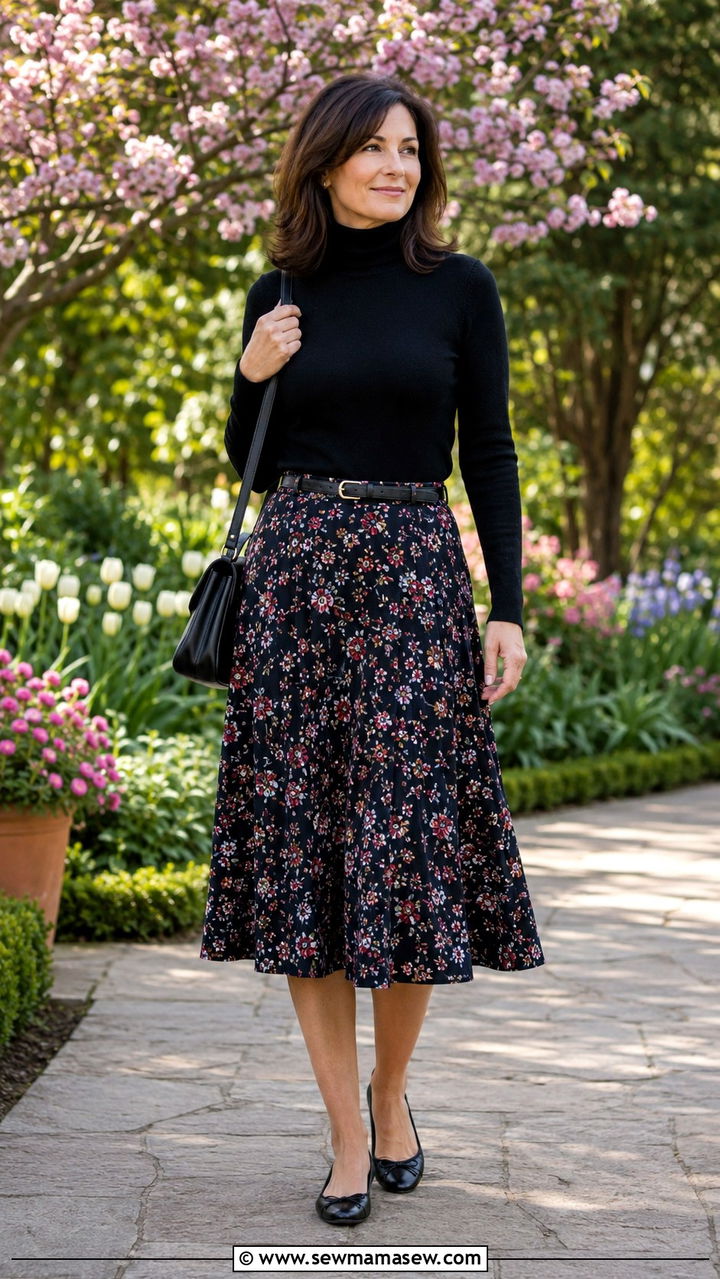 Floral Midi Skirt With Black Turtleneck And Ballet Flats - 30 midi skirt outfits for women over 40