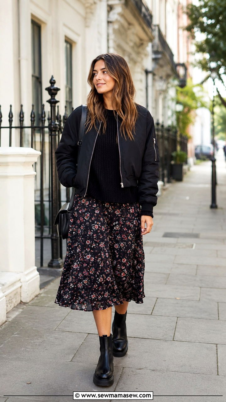 Floral Midi Skirt With Chelsea Boots - 30 Midi skirt outfit ideas with boots