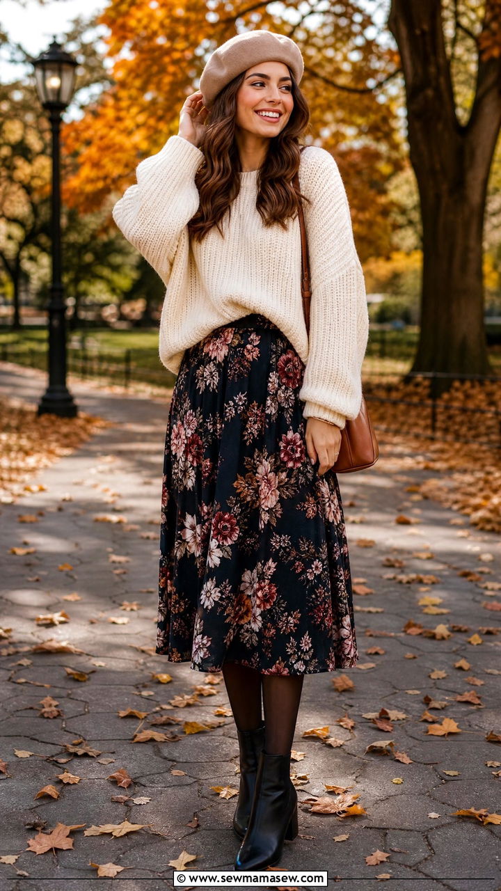 Floral Midi Skirt With Chunky Knit - 35 midi skirt outfit ideas for women