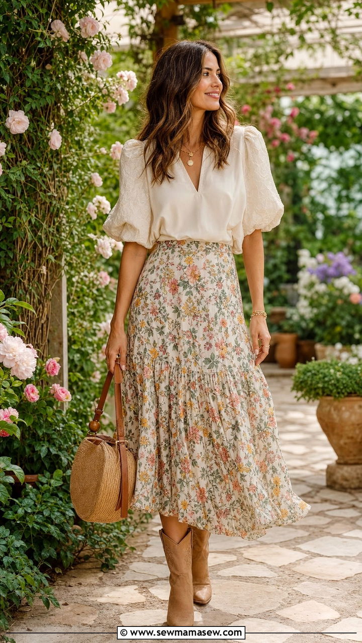 Floral Midi Skirt With Cowboy Boots Outfit - 25 Cowboy boots outfit ideas with a skirt