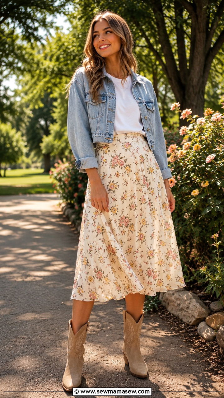 Floral Midi Skirt With Cowboy Boots - 30 Midi skirt outfit ideas with boots
