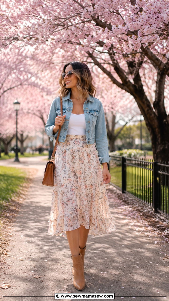 Floral Midi Skirt With Cropped Denim Jacket And Ankle Boots - 30 Spring outfits with midi skirts
