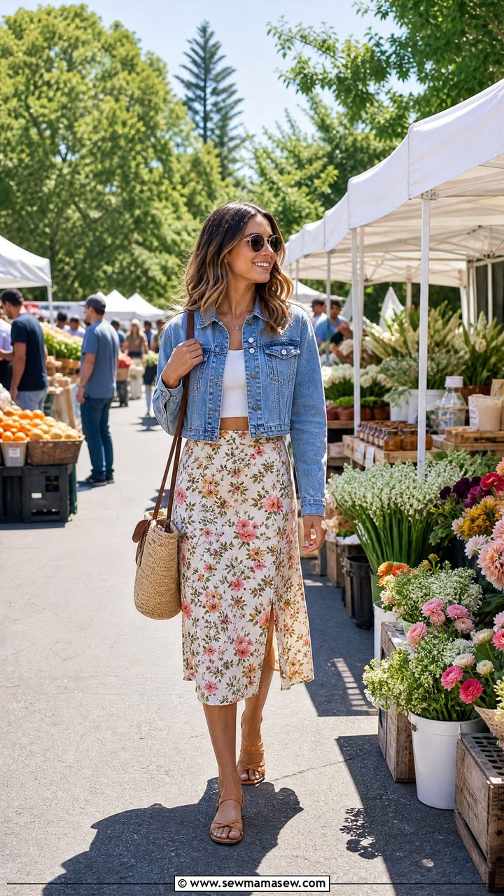 Floral Midi Skirt With Denim Jacket And Flat Sandals - 40 midi skirt outfit ideas
