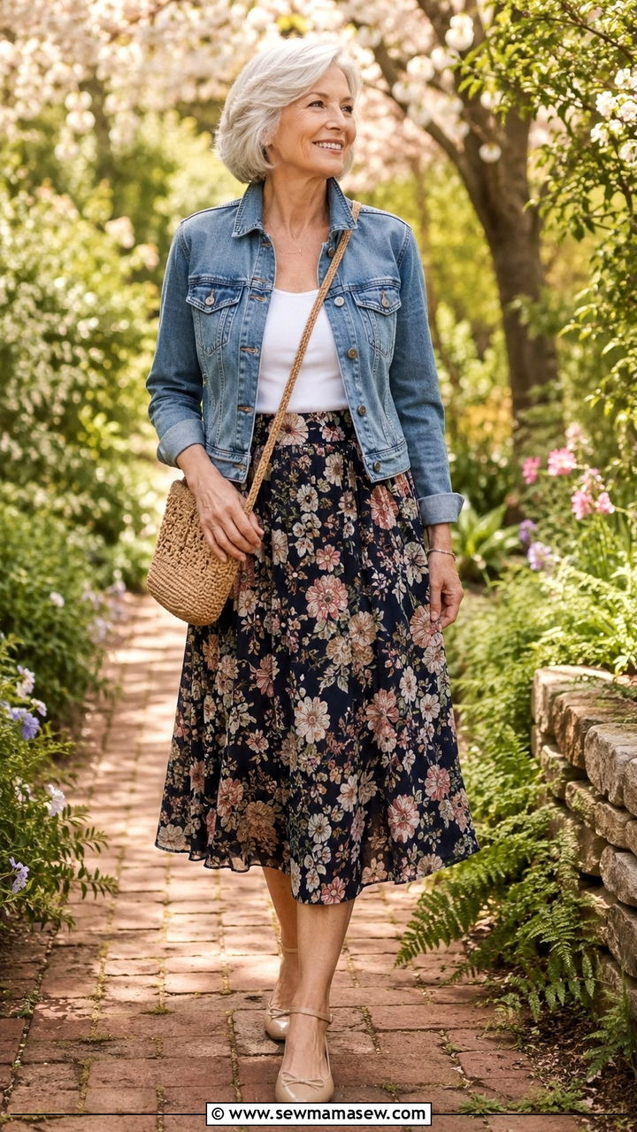 Floral Midi Skirt With Denim Jacket and Ankle Strap Flats - 20 How to style a midi skirt over 60