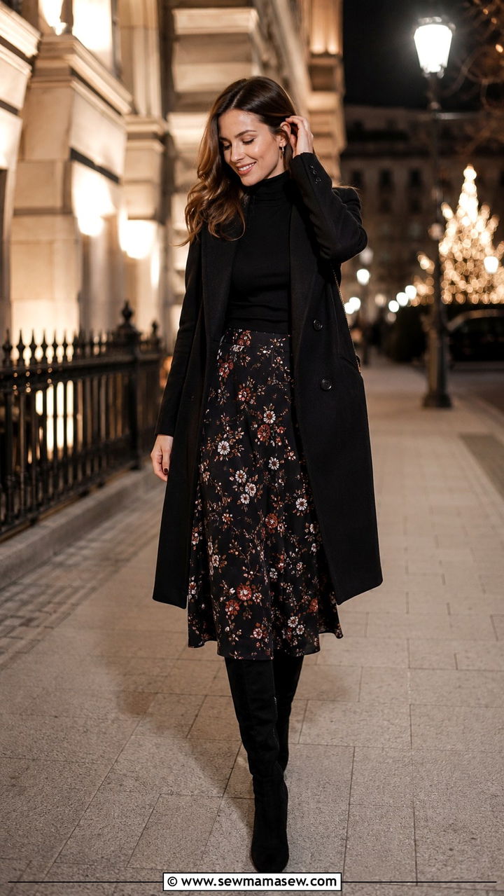 Floral Midi Skirt With Knee High Boots - 30 Midi skirt outfit ideas with boots
