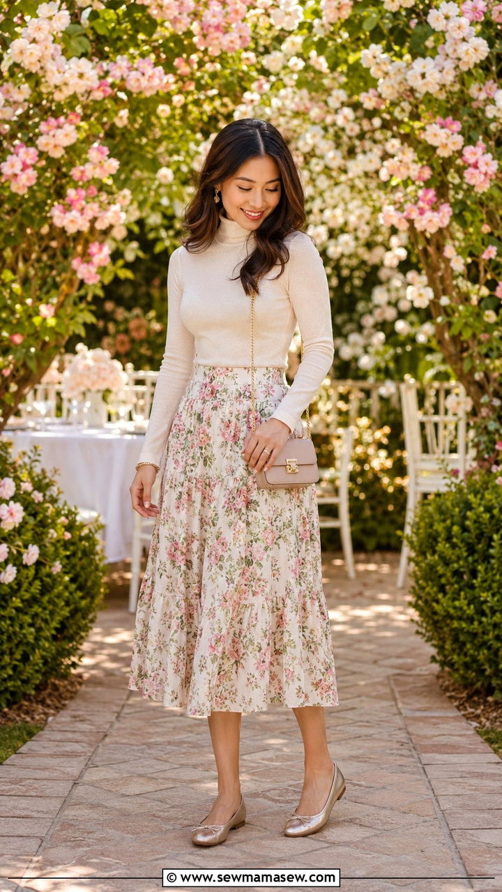 Floral Midi Skirt With Lightweight Turtleneck And Ballet Flats - 30 Warm day cold night outfits