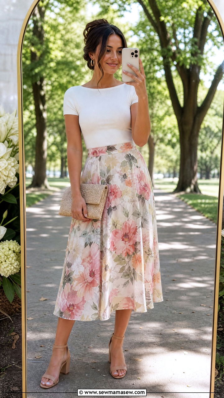 Floral Midi Skirt With Neutral Block Heels for Wedding - 25 How to style a midi skirt for a wedding