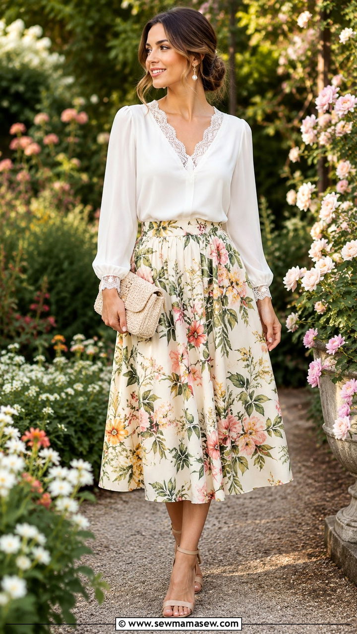 Floral Midi Skirt With White Blouse And Heeled Sandals - 30 Spring outfits with skirts