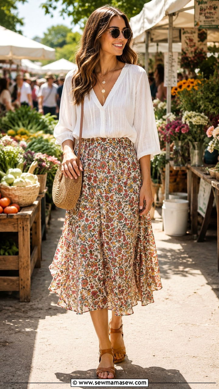 Floral Midi Skirt With White Blouse - 25 Boho outfit ideas with midi skirt
