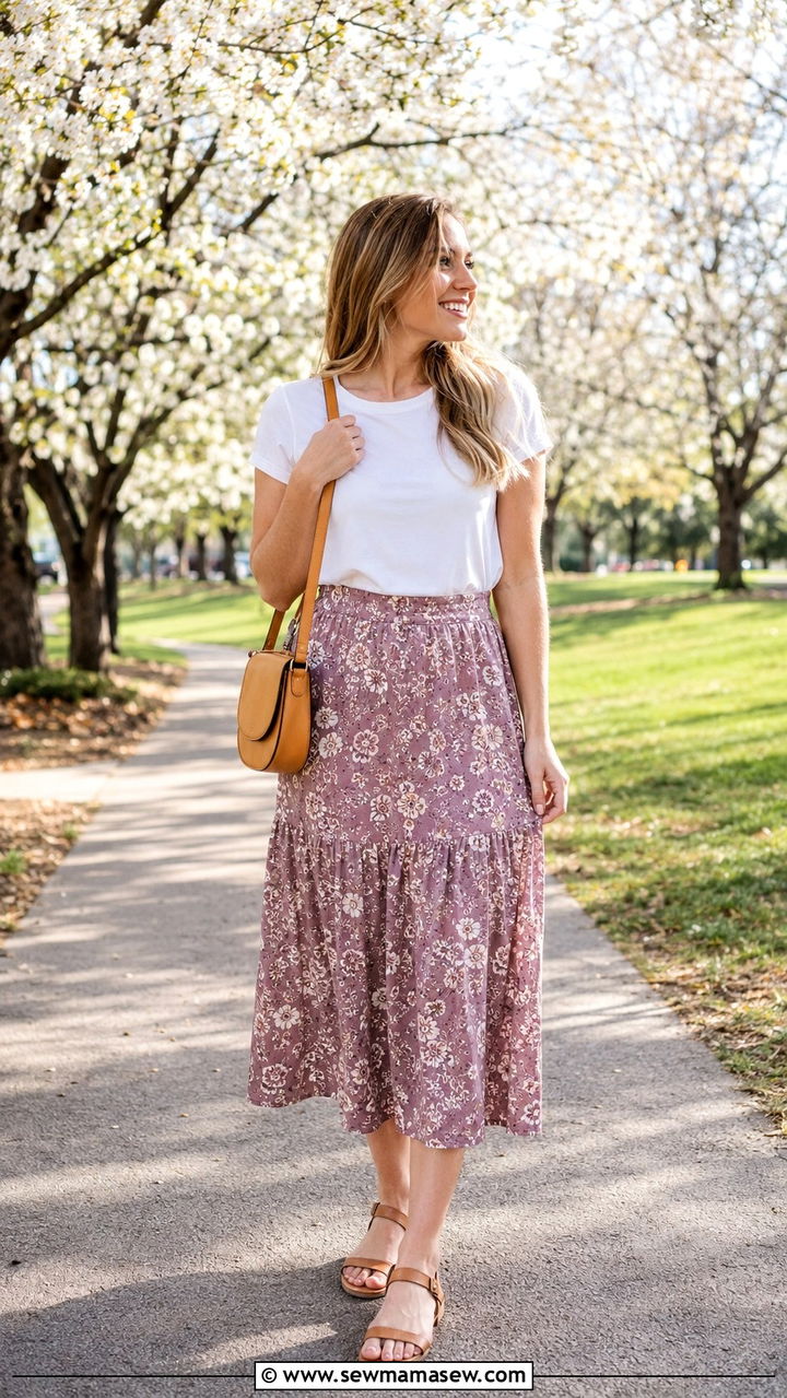 Floral Midi Skirt With White T Shirt - 30 spring skirt outfit ideas