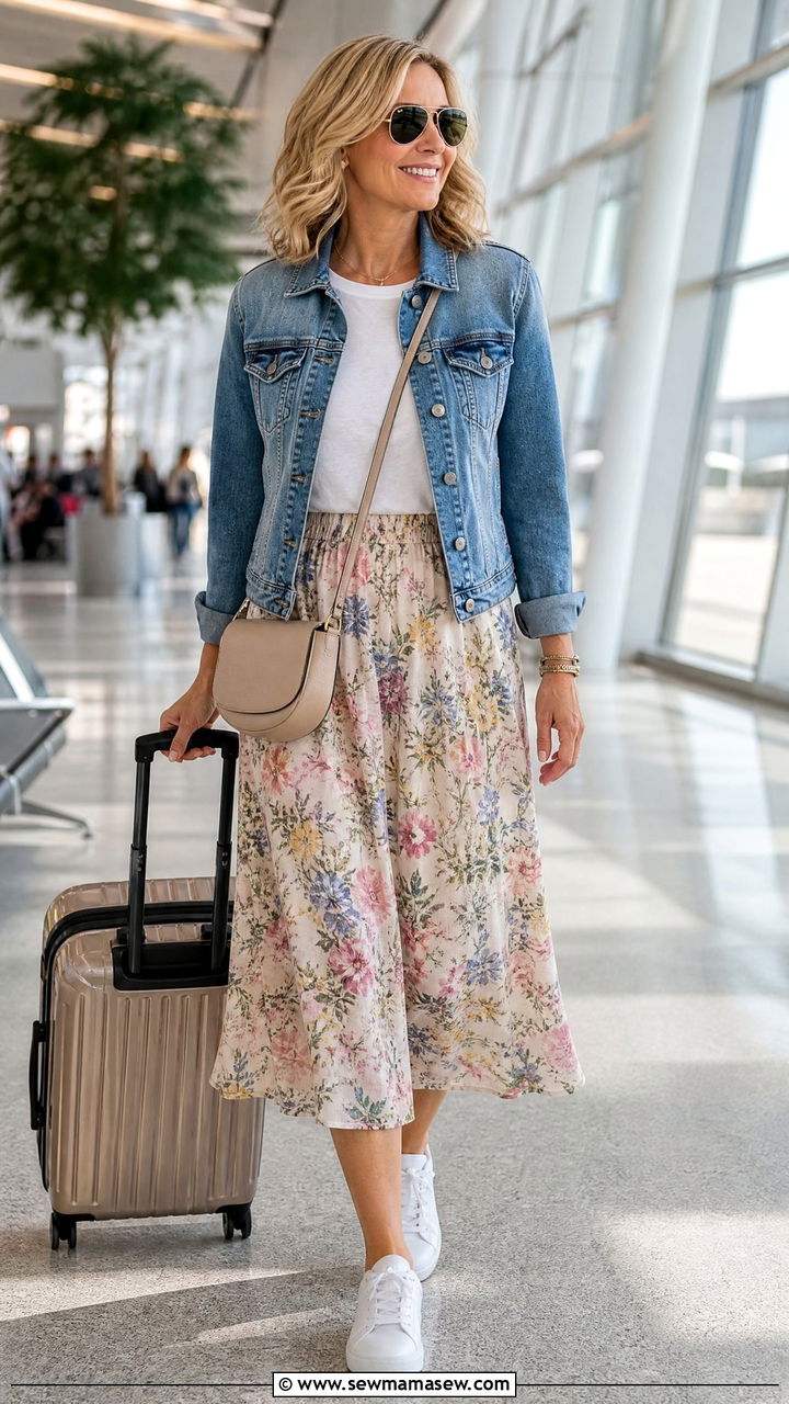 Floral Midi Skirt With White Tee And Sneakers - 35 Airport outfit ideas for women over 40