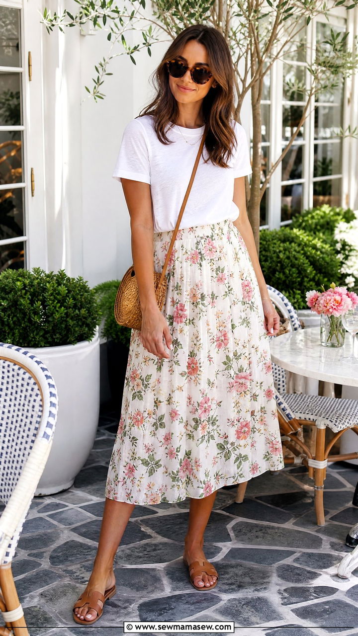 Floral Midi Skirt With White Tee and Sandals - 25 Brunch outfit ideas with a skirt
