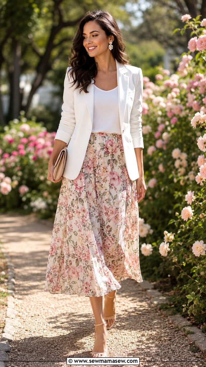 Floral Midi Skirt With a Blazer - 30 Midi skirt outfit ideas with a blazer