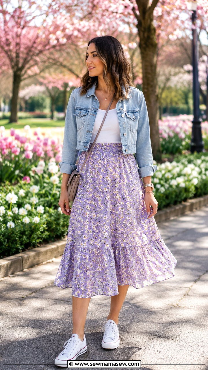 Floral Midi Skirt and Cropped Denim Jacket Outfit - 30 spring midi skirt outfit ideas