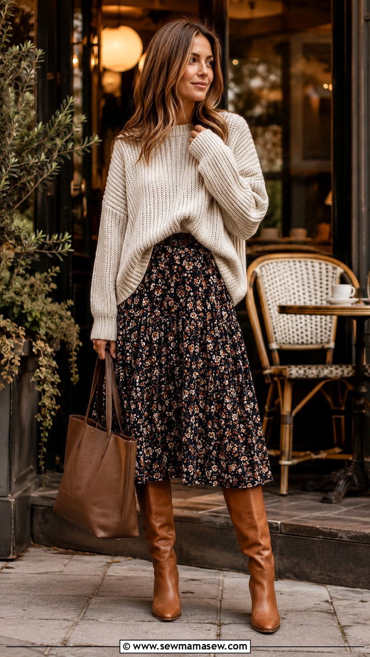 Floral Midi Skirt and Oversized Sweater Outfit - 30 spring midi skirt outfit ideas