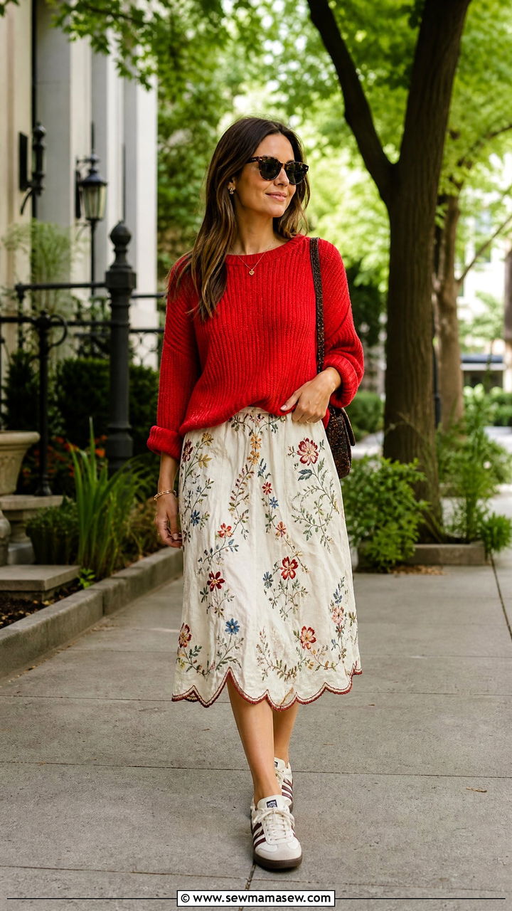 Floral Midi Skirt and Tomato Red Sweater With Wales Bonner Sambas - 35 Gigi Hadid summer outfit ideas