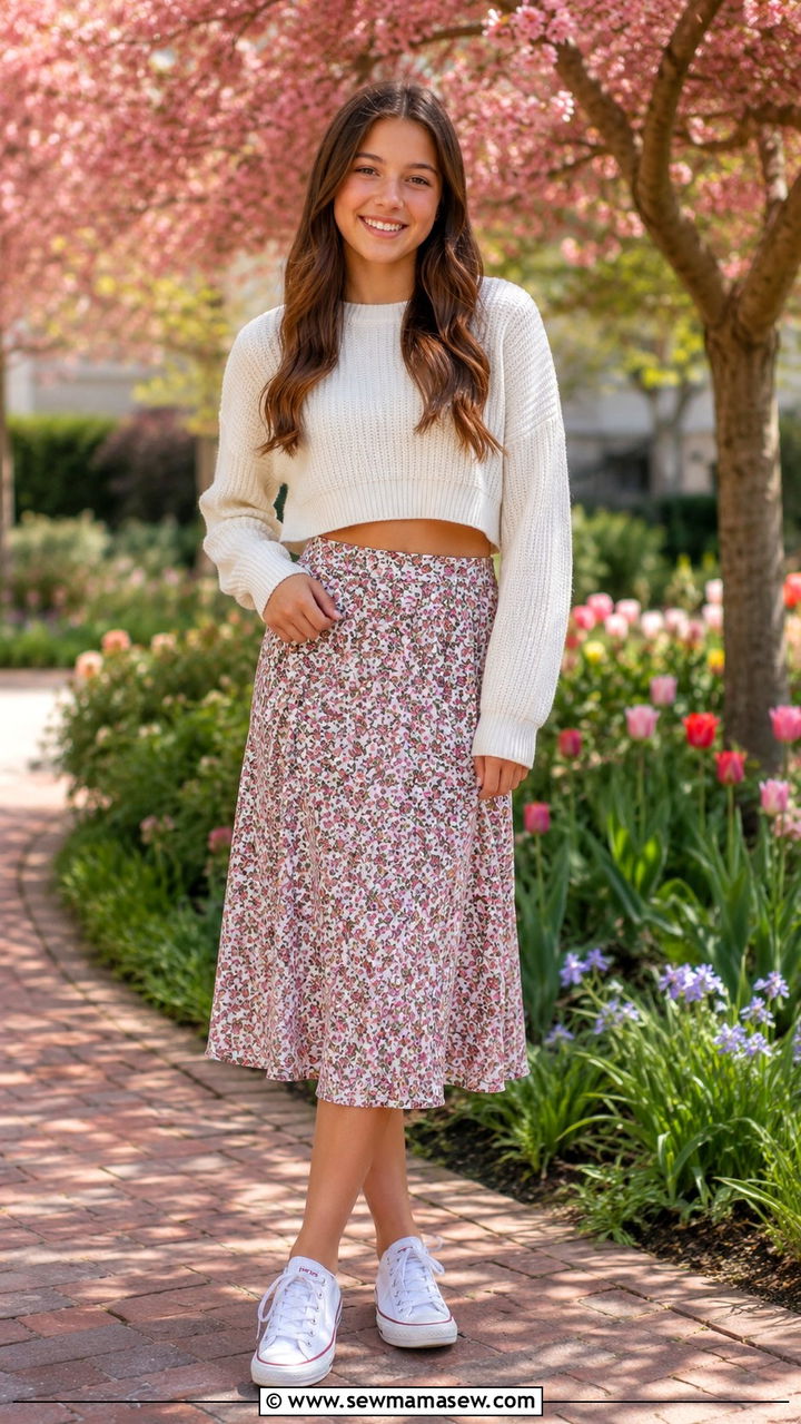 Floral Midi Skirt with Cropped Sweater and Canvas Sneakers - 30 Spring outfits for middle school