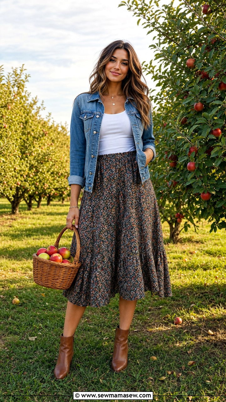 Floral Midi Skirt with Denim Jacket and Ankle Boots - 35 casual midi skirt outfits