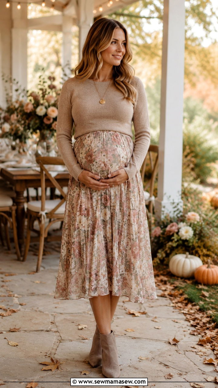 Floral Midi Skirt with Fitted Knit Top - 30 classy baby shower outfit ideas