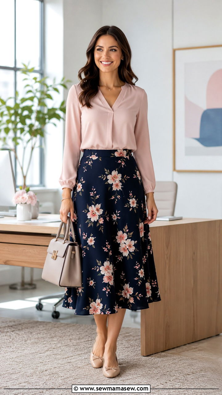 Floral Midi Skirt with Pastel Blouse - 30 Midi skirt outfit ideas for work