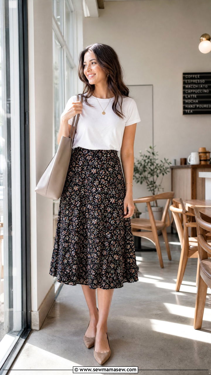 Floral Midi Skirt with Solid Tee - 25 Business casual outfits with skirt