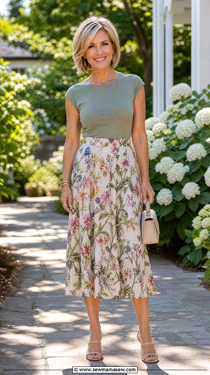Floral Midi Skirt with a Fitted Top - 30 everyday outfit ideas for women over 40