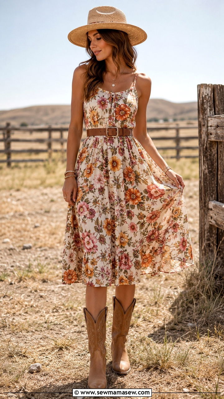 Floral Midi Sundress With Tan Cowgirl Boots - 25 Western outfit ideas with dress