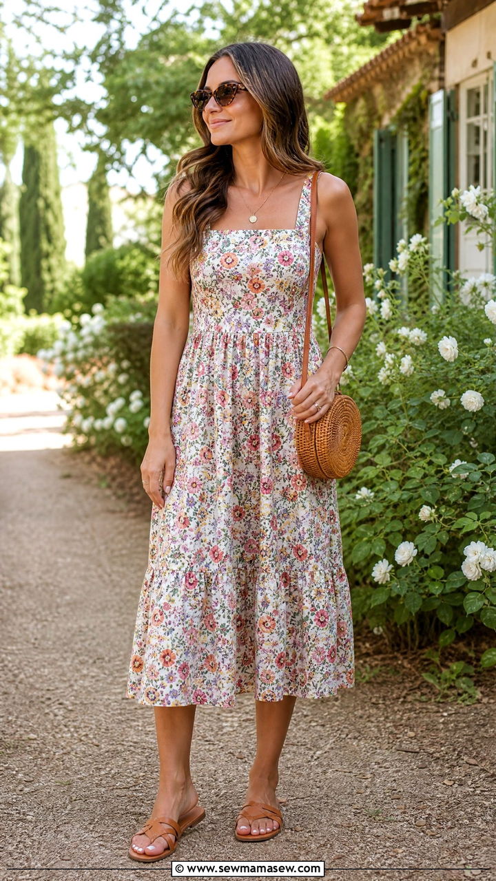 Floral Midi Sundress with Flat Sandals Outfit - 30 summer hot weather outfit ideas