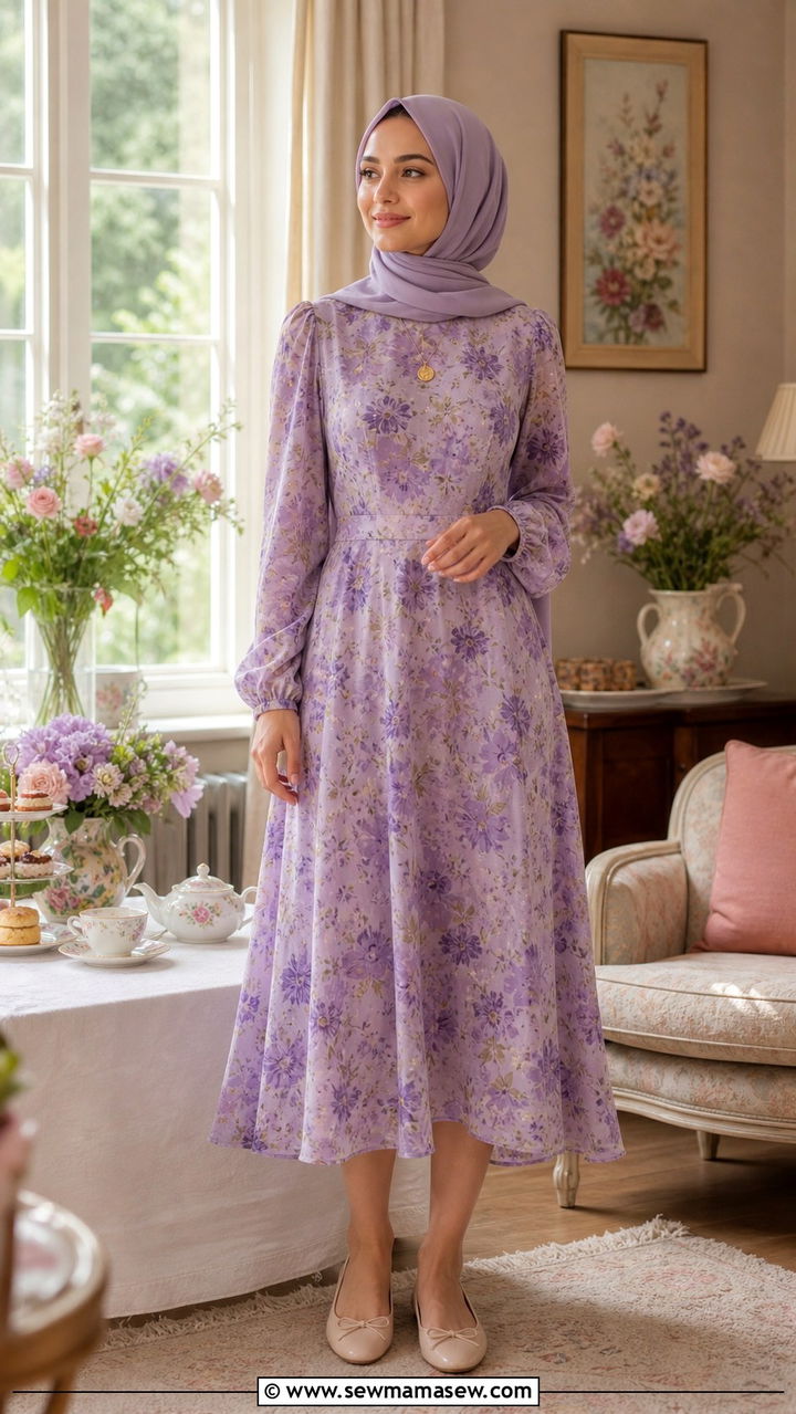 Floral Midi Tea Dress With Ballet Flats - 40 Eid outfit ideas for women
