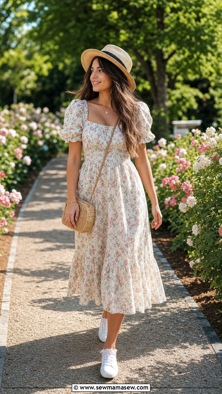 Floral Midi Tea Dress and Lace Sneakers Outfit - 25 Summer outfits for 20 year old woman