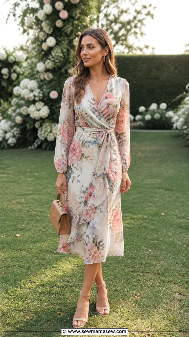 Floral Midi Wrap Dress With Block Heels - 40 Garden wedding guest outfit ideas