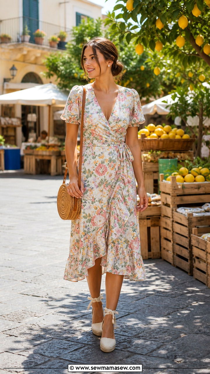 Floral Midi Wrap Dress With Espadrilles - 40 What to wear in Amalfi Coast