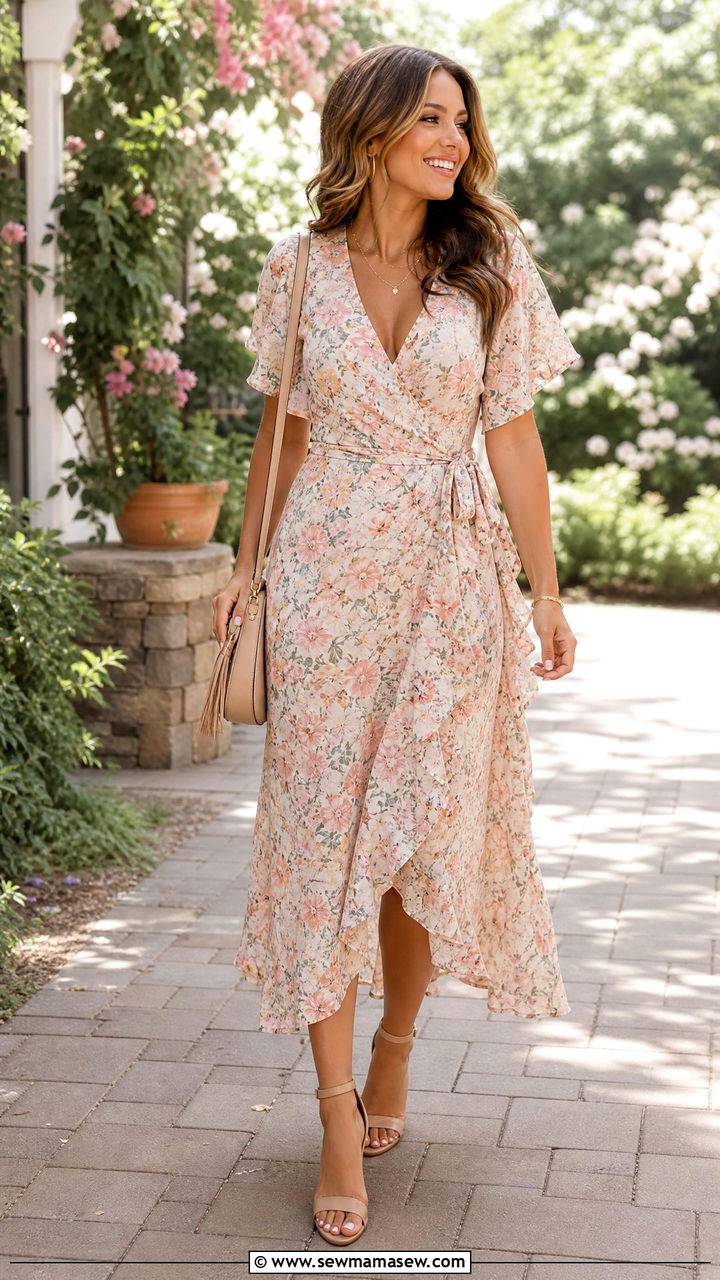 Floral Midi Wrap Dress With Nude Block Heels - 30 cute bridal shower outfits