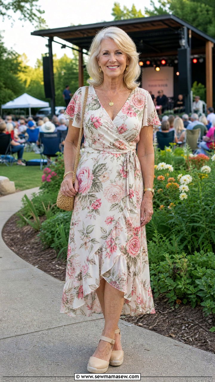 Floral Midi Wrap Dress with Wedge Espadrilles - 30 Concert outfits for women over 60