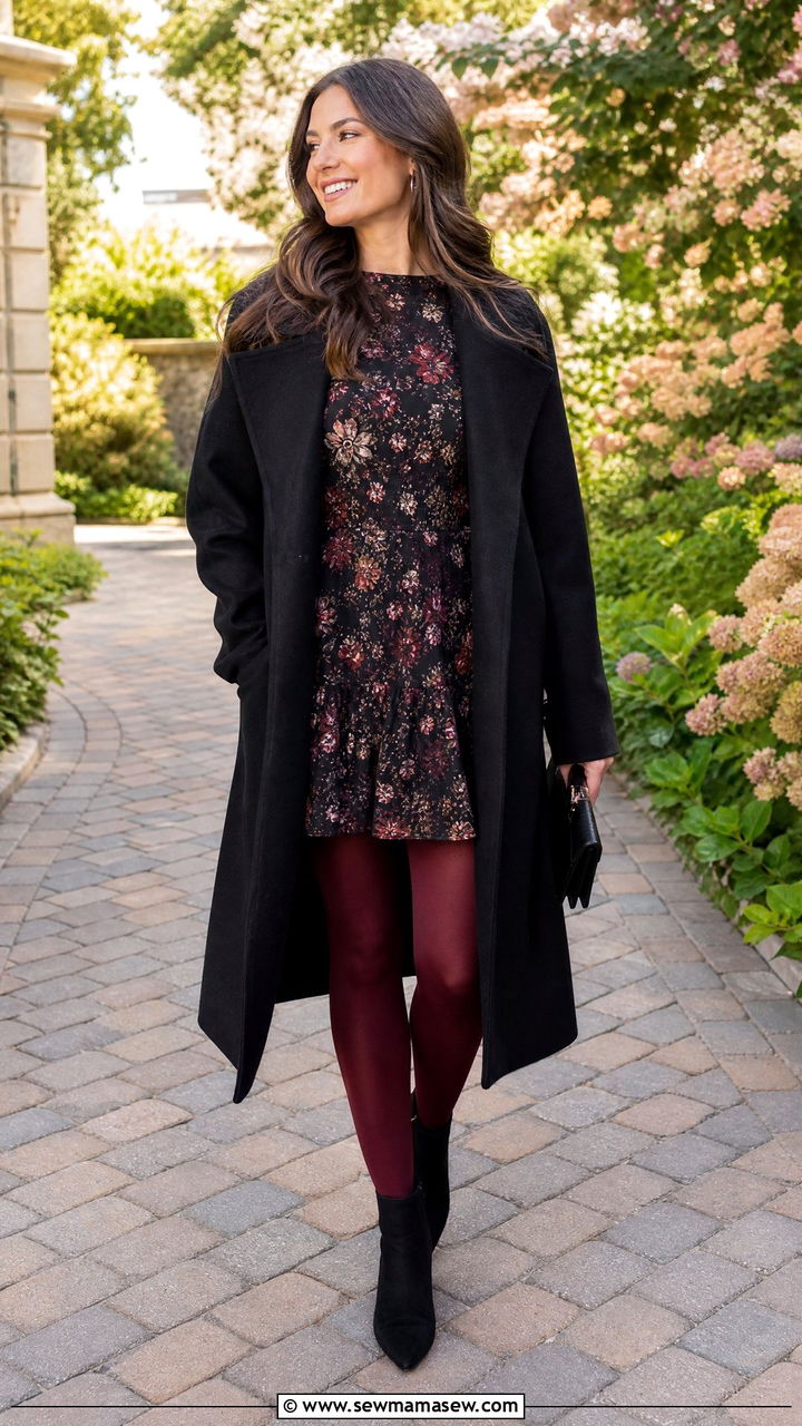Floral Mini Dress With Burgundy Tights - 30 Mini dress outfit ideas with tights