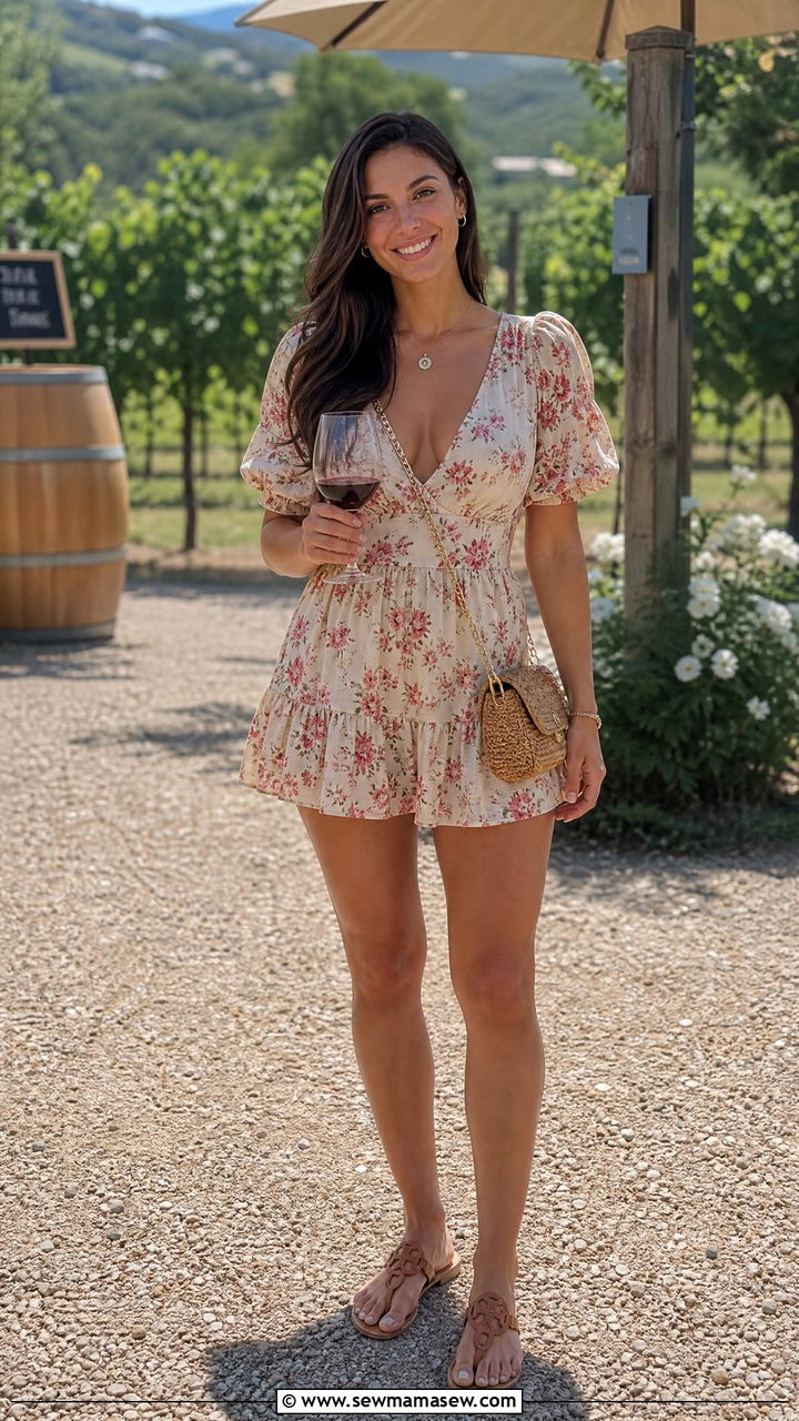 Floral Mini Dress With Flat Sandals Countryside - 30 Summer countryside outfits