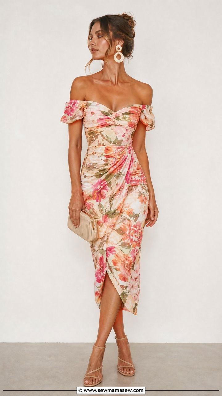 Floral Off Shoulder Dress With Statement Earrings - 30 summer floral dress outfit ideas