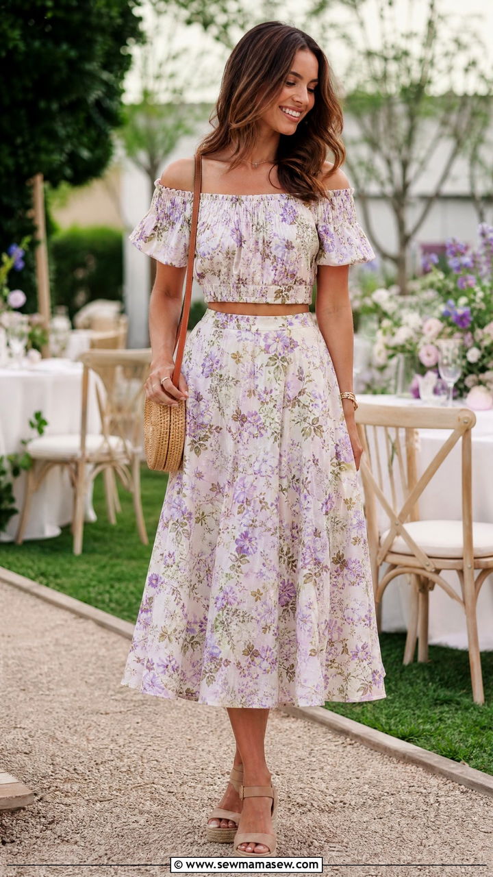 Floral Off Shoulder Top and Midi Skirt Set - 25 Matching set outfit ideas floral