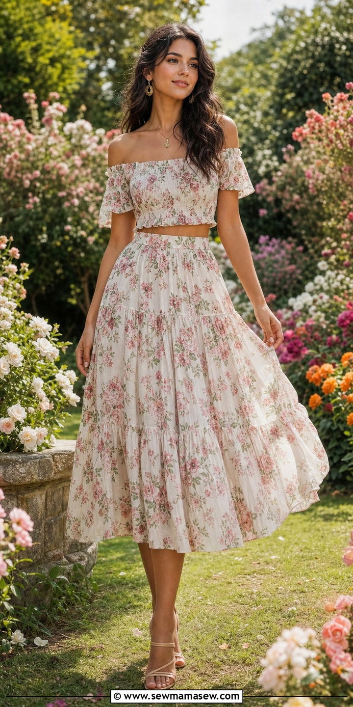 Floral Off Shoulder Top and Skirt Set - 25 Coord set outfit ideas floral summer