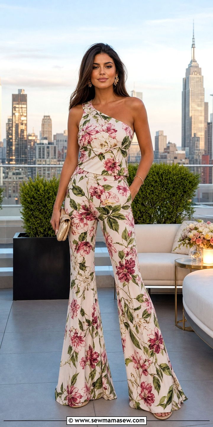 Floral One Shoulder Top and Flare Pants Set - 25 Coord set outfit ideas floral summer